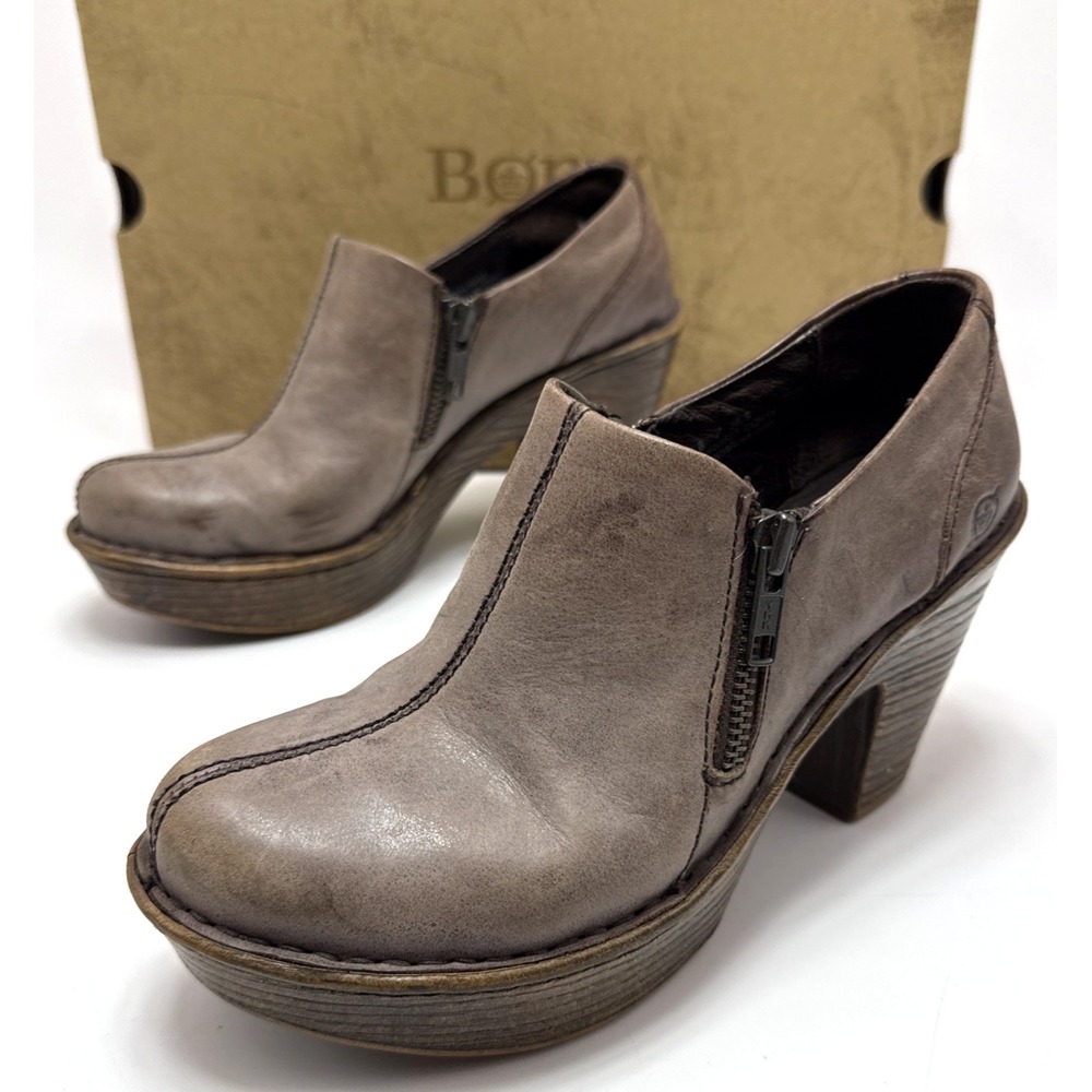 Born Famke Leather Ankle Booties Clog Dual Zip High Heel Womens 6 Dark Brown
